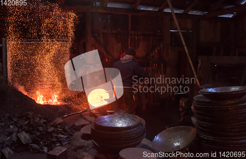 Image of blacksmith workers using mechanical hammer at workshop