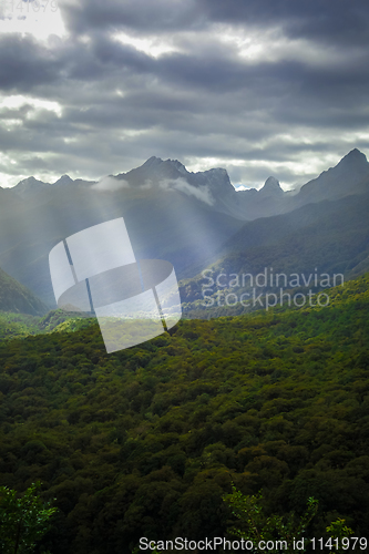 Image of Fiordland national park stormy landscape, New Zealand