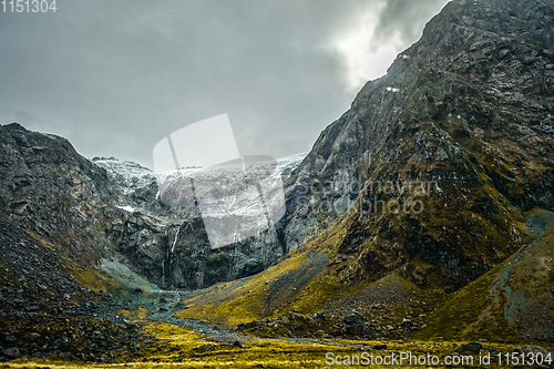 Image of Fiordland national park stormy landscape, New Zealand