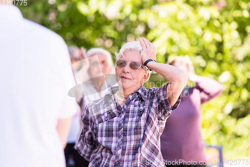 Image of senior woman exercising with friends