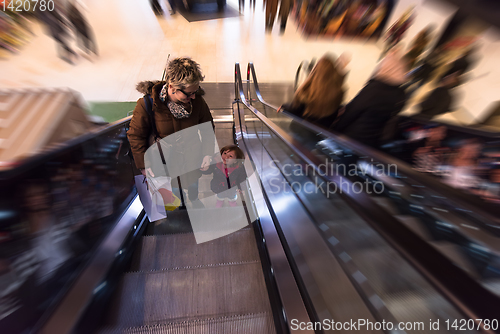 Image of young mother and her little daughter on escalator in shopping ma