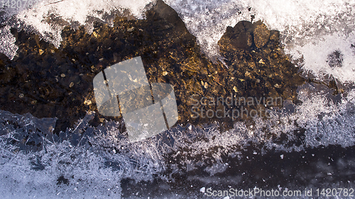 Image of top view of small river in the winter forest