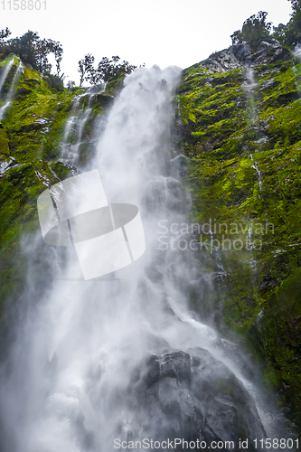 Image of Waterfall in Milford Sound lake, New Zealand