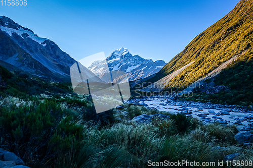 Image of Glacial river at sunset, Mount Cook, New Zealand