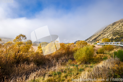 Image of Tranzalpine train in New Zealand mountains