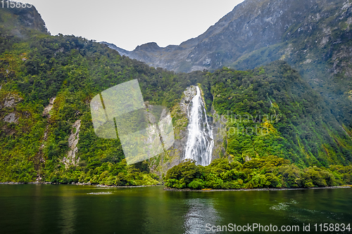 Image of Waterfall in Milford Sound lake, New Zealand