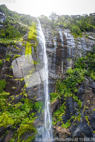 Image of Waterfall in Milford Sound lake, New Zealand