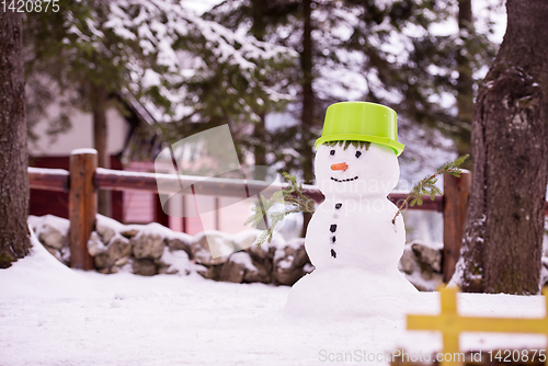 Image of smiling snowman with green hat