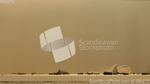 Image of The fire boat spray water into the Bosphorus.