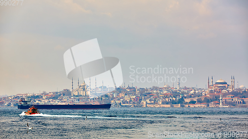 Image of Panorama of Istanbul with Hagia Sophia, Blue Mosque, Turkey