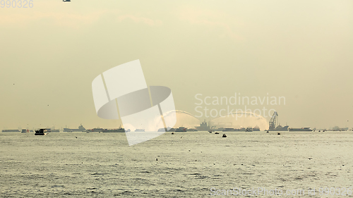 Image of The fire boat spray water into the Bosphorus.