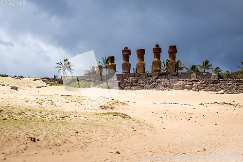 Image of Anakena palm beach and Moais statues site ahu Nao Nao, easter is