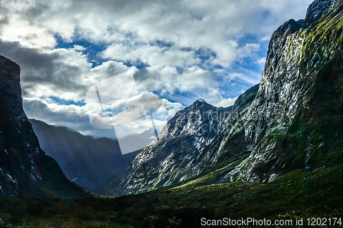 Image of Fiordland national park stormy landscape, New Zealand