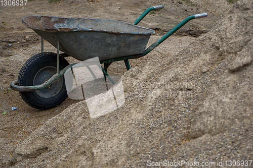 Image of Wheelbarrow for construction in site building area.