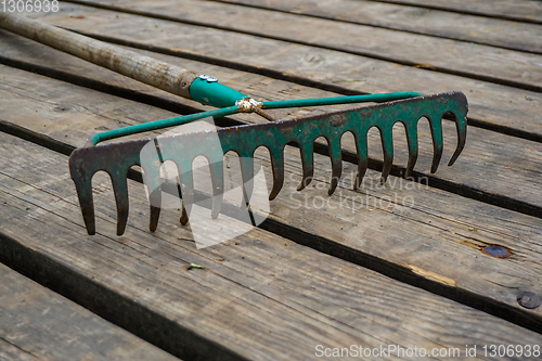 Image of Old rake on the wooden planks. 