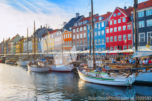 Image of Sunset Nyhavn embankment with boats 