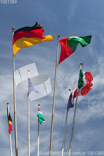 Image of Many europeans flags in the wind against the sky