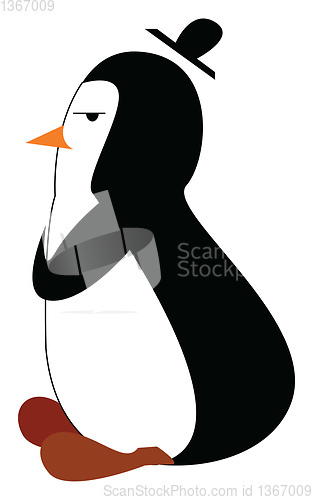 Image of An angry penguin wearing a black hat is standing with the hands 