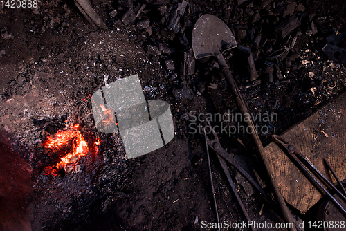 Image of top view of traditional blacksmith furnace with burning fire