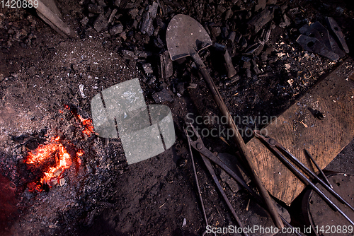 Image of top view of traditional blacksmith furnace with burning fire