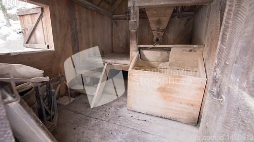 Image of interior of retro wooden watermill