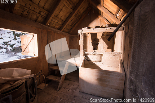 Image of interior of retro wooden watermill