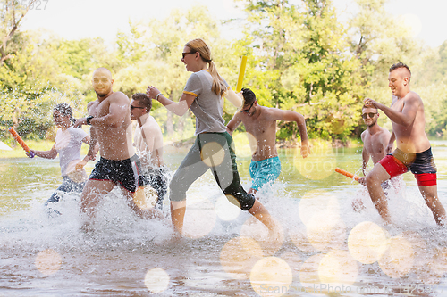 Image of summer joy friends having fun on river