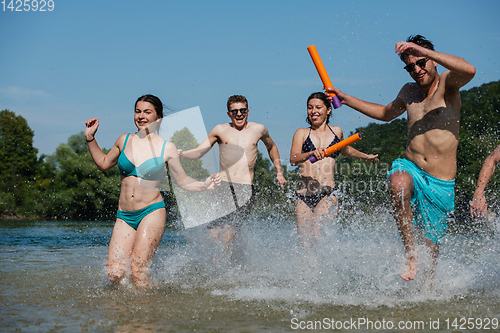 Image of summer joy friends having fun on river