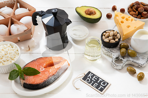 Image of Ketogenic low carbs diet - food selection on white background