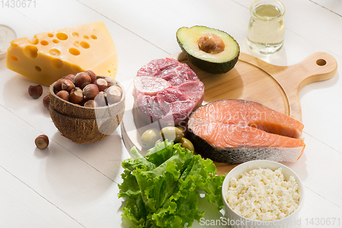 Image of Ketogenic low carbs diet - food selection on white background