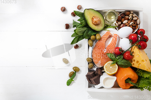 Image of Ketogenic low carbs diet - food selection on white background