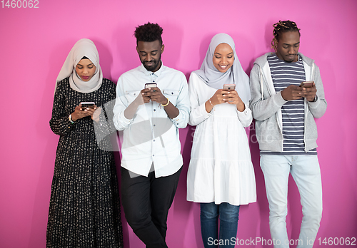 Image of african students group using smart phones