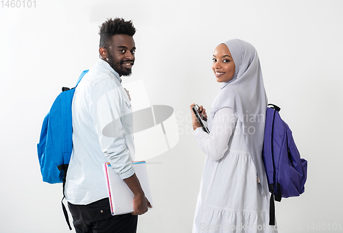 Image of african students couple walking