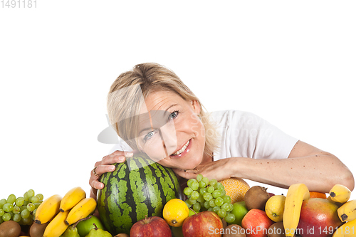 Image of Fruits and blond cute woman