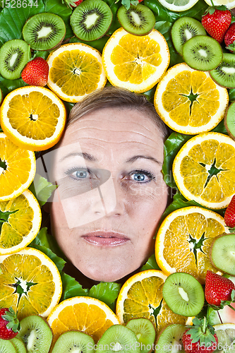 Image of Fruits and blond cute woman portrait