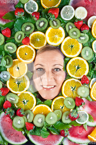 Image of Fruits and blond cute woman portrait