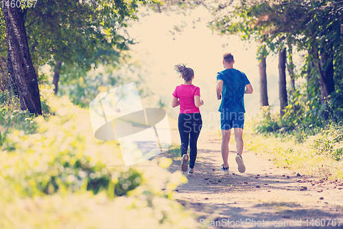 Image of young couple jogging on sunny day at nature