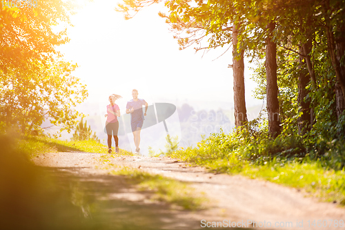 Image of young couple jogging on sunny day at nature
