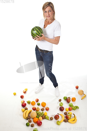 Image of Fruits and blond cute woman