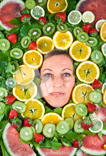 Image of Fruits and blond cute woman portrait