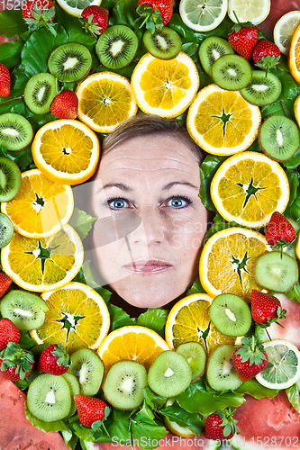 Image of Fruits and blond cute woman portrait