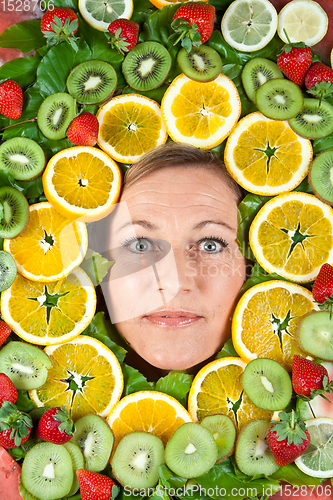 Image of Fruits and blond cute woman portrait