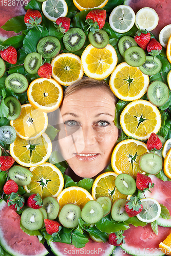 Image of Fruits and blond cute woman portrait