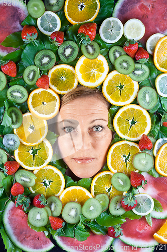 Image of Fruits and blond cute woman portrait