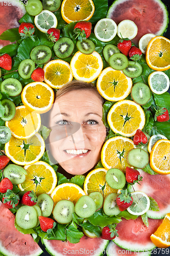 Image of Fruits and blond cute woman portrait