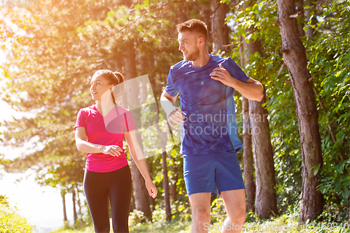 Image of young couple jogging on sunny day at nature
