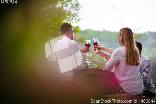 Image of happy friends toasting red wine glass during french dinner party