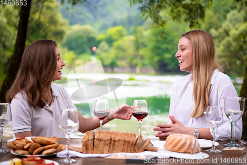 Image of happy women having french dinner party outdoor