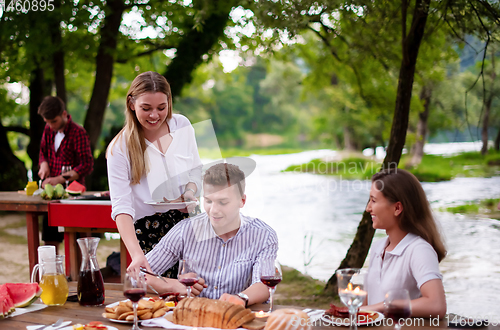 Image of happy friends having picnic french dinner party outdoor