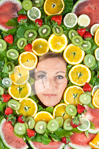 Image of Fruits and blond cute woman portrait